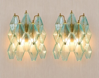Set of 2 Murano glass poliedri wall sconces in light green  12"x12"