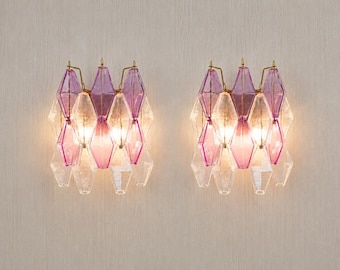 Set of 2 Murano glass poliedri wall sconces in clear and Amethyst  12"x12"