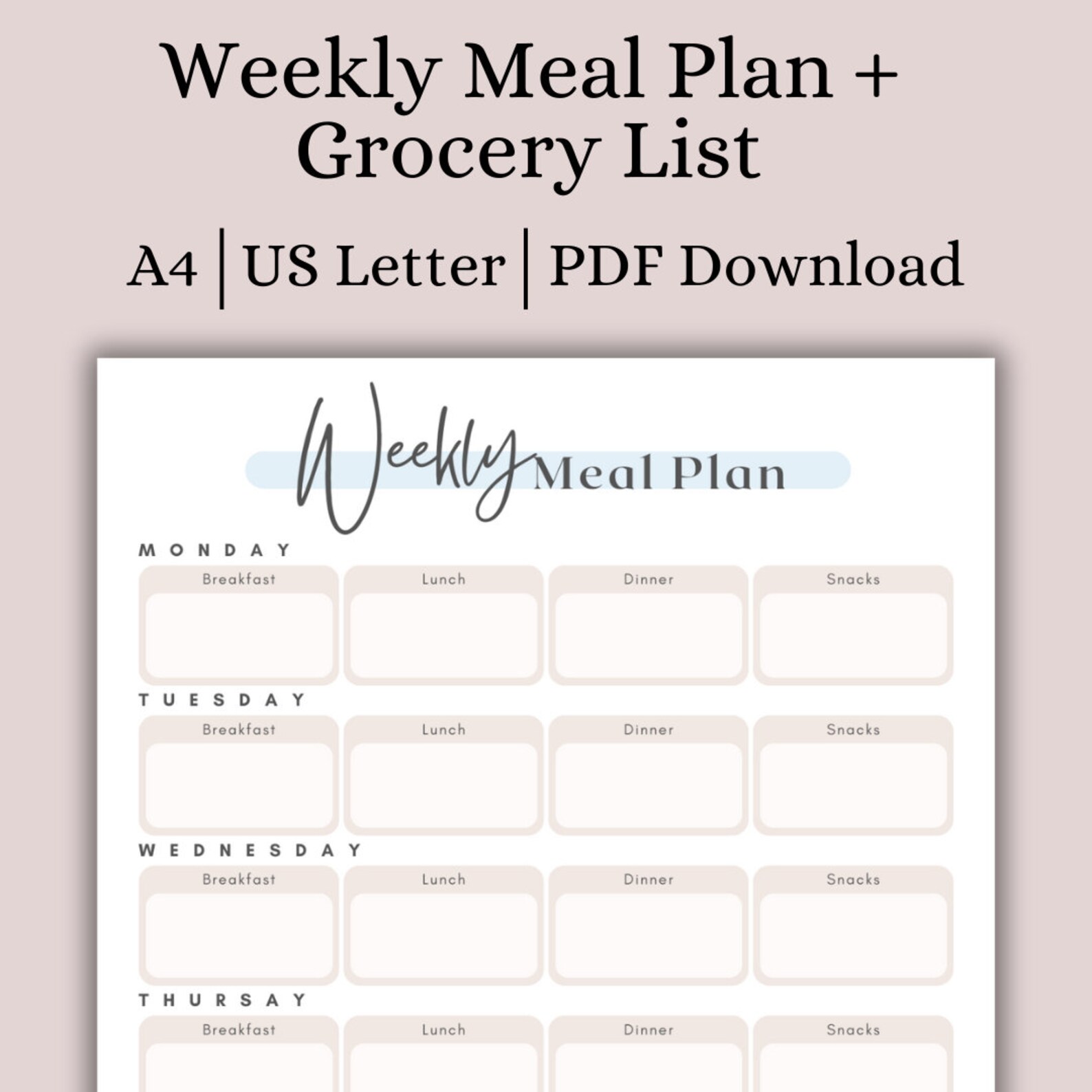 Meal Prep Planner + Grocery List, Weekly Meal Template, Grocery List