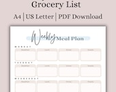 Meal Prep Planner + Grocery List, Weekly Meal Template, Grocery List Printable, Printable Weekly Meal Planner, Shopping List, Meal Tracker