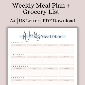 Meal Prep Planner + Grocery List, Weekly Meal Template, Grocery List Printable, Printable Weekly Meal Planner, Shopping List, Meal Tracker
