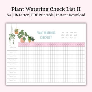 Plantilla mensual de lista de verificación de riego de plantas, rastreador de cuidado de plantas, programa de cuidado de plantas de interior, rastreador de plantas de jardín, registro de riego, A4, carta de EE. UU.