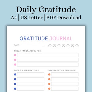 Daily Gratitude Planner Printable, 5-minute gratitude planner, Daily Gratitude Log, Wellness journal, Selfcare template, Mindfulness Log