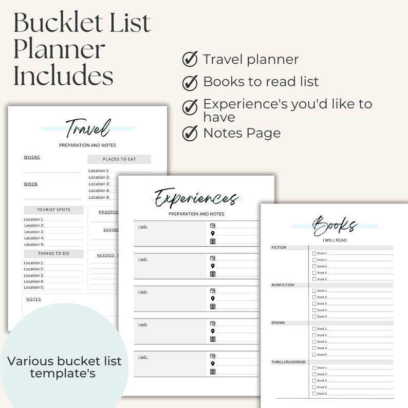 Bucket List Printable Bundle Planner, Books to Read Checklist, Travel