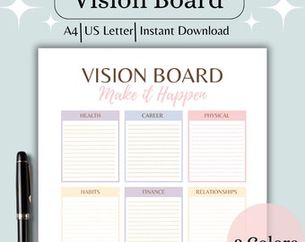 Vision Board Printable Planner, Goal Planner Template, Self-Care Worksheet, Dream Board Journal, Manifestation Journal, Affirmations A4 US L