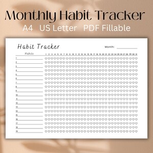 May include: A black and white printable habit tracker with a grid of hearts for each day of the month. The tracker is labeled "Habit Tracker" and has a space for the month. The tracker is designed for A4 or US Letter paper and is PDF fillable.