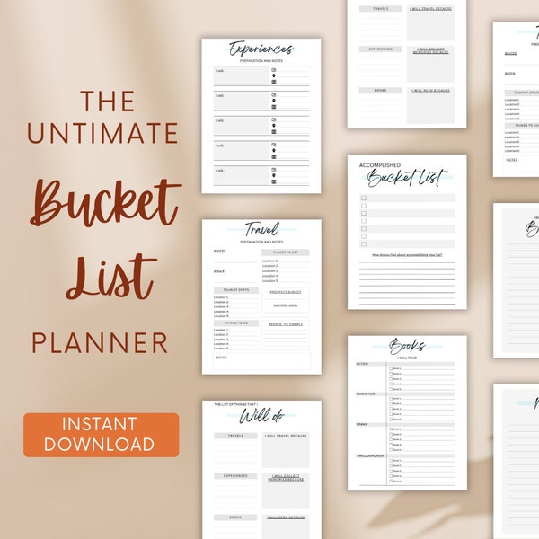 Bucket List Template, Itinerary Planner, Books to Be Read, Preparation and Notes, Travel Bucket List, Summer Activity Checklist, Digital, A4