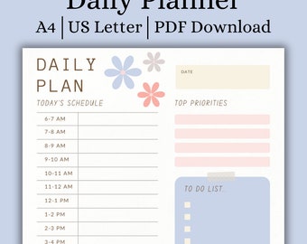 May include: A printable daily planner with a light blue background and floral accents. The planner includes sections for today's schedule, top priorities, and a to-do list.