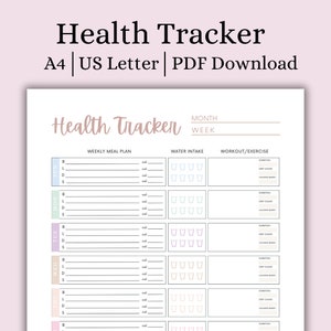 May include: A printable health tracker with sections for weekly meal plans, water intake, and workout/exercise. The tracker is designed for a week and includes spaces for recording calories, duration, step count, and calories burned.