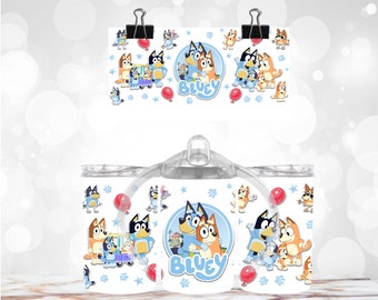 11 Oz sippy cups with 2 different lids and plastic straw, Bluey design