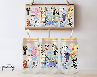 16 oz frosted glass can with straw, bluey design