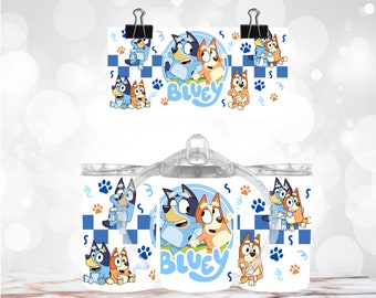 11 Oz sippy cups with 2 different lids and plastic straw, Bluey design