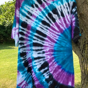 Adult Large vibrant tie dye t-shirt, turquoise and purple side burst, oversize fit.