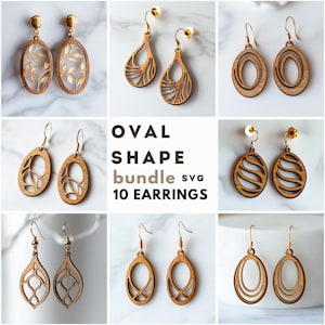 May include: A set of 10 wooden oval-shaped earrings with various laser-cut designs. The earrings are made of natural wood and have a gold-tone finish.  OVAL SHAPE bundle svg 10 EARRINGS