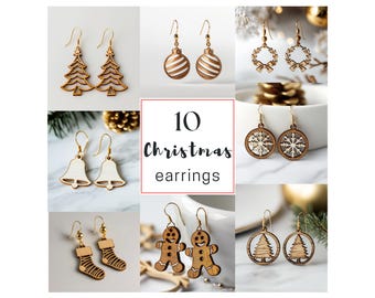 Paquete navideño de 10 pendientes de madera SVG cortados con láser, descarga digital