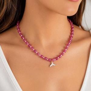 Pink Gemstone Necklace with Mermaid Tail Charm, Handmade Pearl Beaded Necklace, Feminine Summer Jewelry, Beach Inspired