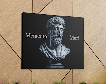 May include: A black and white canvas print featuring a bust sculpture of a man with a beard. The text "Memento Mori" is printed on the canvas.