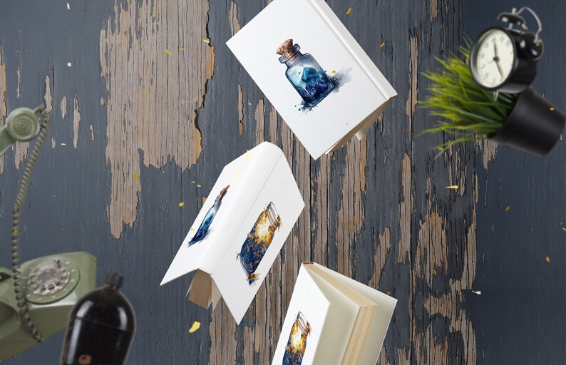 Puede incluir: Tres libros blancos con ilustraciones de acuarela de frascos llenos de purpurina azul y dorada. Los libros flotan en el aire sobre un fondo de madera azul y marr&oacute;n. Hay un tel&eacute;fono rotatorio verde vintage y un reloj despertador negro en el fondo.