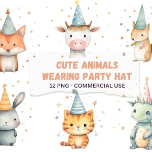 Lindos animales con sombrero de fiesta: adorable colección de imágenes prediseñadas para manualidades y decoraciones de fiestas de cumpleaños, juego de 12