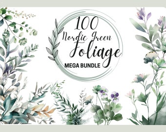 Watercolour floral illustration set. Nordic green leaves elements collection for arrangements, wedding invitations, greetings -100 Mega Bund