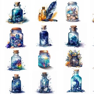 Puede incluir: Una colecci&oacute;n de 20 ilustraciones de acuarela de frascos de vidrio llenos de varios objetos, incluyendo cristales, plumas, conchas marinas, mariposas y una luna. Los frascos son de diferentes formas y tama&ntilde;os, y est&aacute;n pintados en una variedad de tonos de azul, verde y marr&oacute;n.