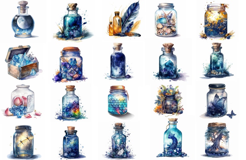 Puede incluir: Una colecci&oacute;n de 20 ilustraciones de acuarela de frascos de vidrio llenos de varios objetos, incluyendo cristales, plumas, conchas marinas, mariposas y una luna. Los frascos son de diferentes formas y tama&ntilde;os, y est&aacute;n pintados en una variedad de tonos de azul, verde y marr&oacute;n.