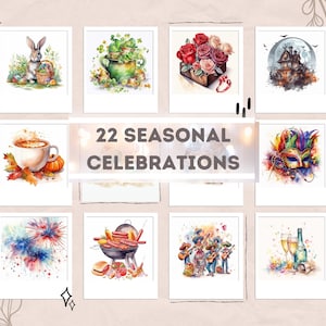 22 celebraciones de temporada, vacaciones festivas y conjunto de imágenes prediseñadas de eventos, imágenes prediseñadas de descarga instantánea digital PNG de acuarela