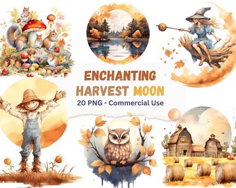 Harvest Moon Clipart: Autumn Night Scenes (Digital Download)