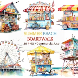 Summer Beach Boardwalk Clipart: Watercolor Ferris Wheel, Arcade (Commercial Use) (Digital Download)
