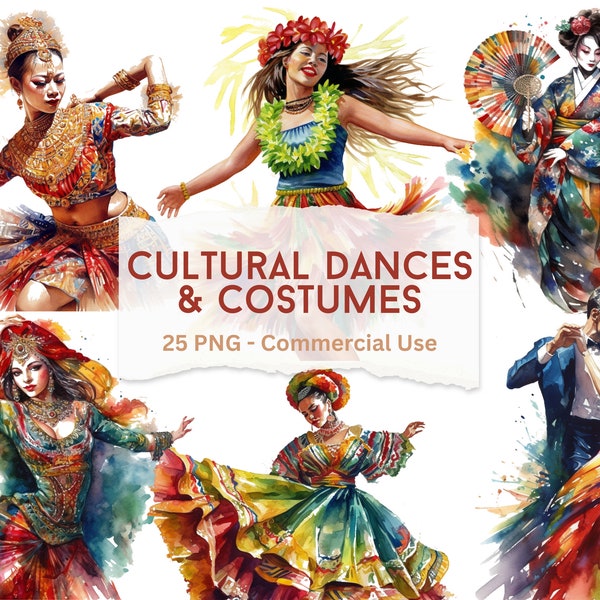 Dancers Cliparts - 25 Cultural Dances & Costumes Clipart Collection Early 70s Watercolor PNG Clipart Set with Commercial Use