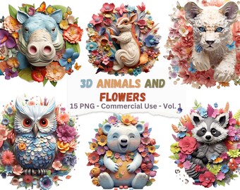 3D Animals and Flowers PNG: Sublimation Mug & Tumbler Prints (Digital Download)