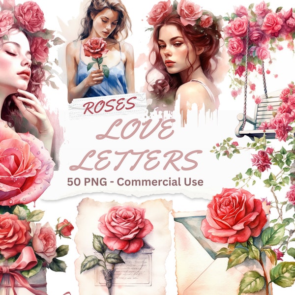 50 rozen en liefdesbrieven, romantische symfonie van rozenmeisjes en tuinen, aquarel PNG clipart collectie met commercieel gebruik voor doe-het-zelf ambacht