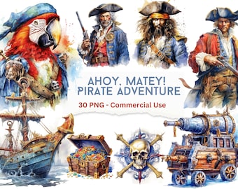 30 Pirate Adventure Watercolor Clipart,  Pirate Skull, Pirates Bundle, Pirate ships, PNG Download with Commercial Use for DIY Craft Project