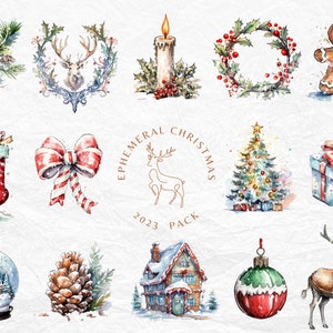 Cozy Christmas Ornaments Clipart -  Watercolor Christmas, - Christmas Wreath, Deer Crest - Watercolor Christmas Winter Set - Holiday PNG