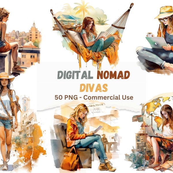 50 Digital Nomad Divas, inspirerende moderne werkende vrouwen, werken op afstand Lifestyle PNG clipart, commercieel gebruik voor blog- en ambachtelijke projecten