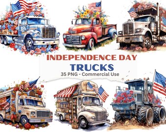 July 4th Floral Truck Clipart: Patriotic PNG Designs (Commercial Use)