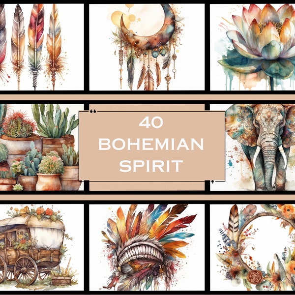 40 Bohemian Spirit With Earthy & Enchanting Boho Chic Cliparts, Watercolor PNG Separated File For DIY Creative Projects