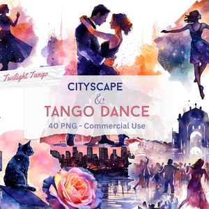 40 Twilight Tango Dances with Evening Romantic street Scenes Watercolor PNG, Couple  Dance and Date Night, PNG Clipart for Crafts Projects