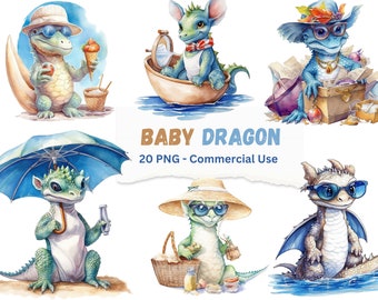 Watercolor Summer Baby Dragon Clipart Set: Fantasy Designs (Digital Download)