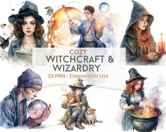 Clipart de Brujería Acogedora: 23 Personajes de Magos Mágicos (Descarga PNG)