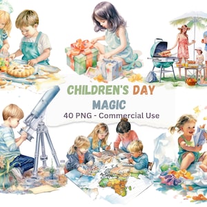 Children&#39;s Day Clipart Set: Kids Learning & Play (40 PNG)
