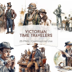 Victorian Time Travelers, 25 Vintage style Chrono-Victorian Sci-fi Cliparts, Watercolor PNG Digital Download for crafts Projects