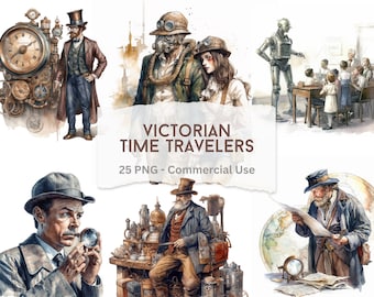 Victorian Time Travelers, 25 Vintage style Chrono-Victorian Sci-fi Cliparts, Watercolor PNG Digital Download for crafts Projects