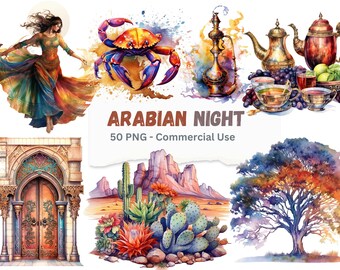 May include: A collection of watercolor illustrations depicting an Arabian night theme. The illustrations include a woman in a colorful dress, a crab, a hookah, a teapot, a cup of tea, a tree, a desert landscape with cacti, and an ornate archway with a door. The text "ARABIAN NIGHT 50 PNG - Commercial Use" is also included.