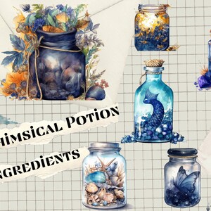 Puede incluir: Ingredientes de poci&oacute;n caprichosa - Ilustraci&oacute;n de acuarela de ocho frascos de vidrio llenos de varios ingredientes m&aacute;gicos, que incluyen un arco&iacute;ris, cristales, un pez, un &aacute;rbol y conchas marinas. Los frascos est&aacute;n sobre un fondo de cuadr&iacute;cula blanca.