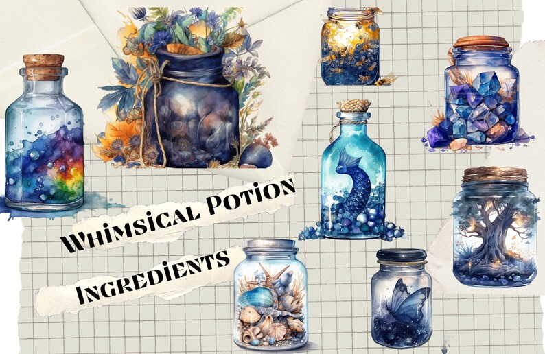 Puede incluir: Ingredientes de poci&oacute;n caprichosa - Ilustraci&oacute;n de acuarela de ocho frascos de vidrio llenos de varios ingredientes m&aacute;gicos, que incluyen un arco&iacute;ris, cristales, un pez, un &aacute;rbol y conchas marinas. Los frascos est&aacute;n sobre un fondo de cuadr&iacute;cula blanca.