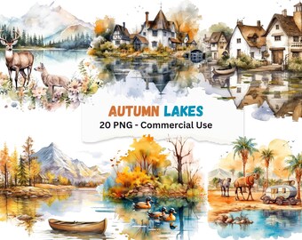 Watercolor Autumn Lake Clipart: 18 PNG Scenes (Digital Download)