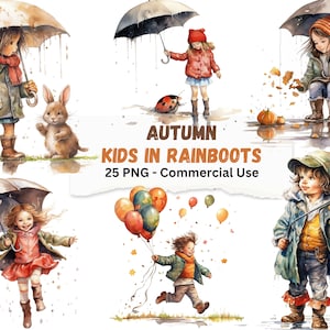 Watercolor Autumn Kids In Rain Boots, Set of Autumn Kids in rain boots