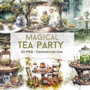 May include: A watercolor illustration of a magical tea party with four different settings. Each setting features a table with teacups, teapot, and other tea party accessories. The illustration is set in a whimsical forest with lush greenery and a waterfall.