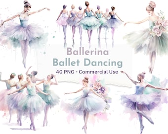 May include: Watercolor illustrations of ballerinas in various poses, wearing tutus and dancing. The ballerinas are in shades of pink, blue, and green. The background is a white watercolor wash with splashes of color.